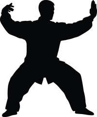 Silhouette of a person practicing martial arts with arms raised high