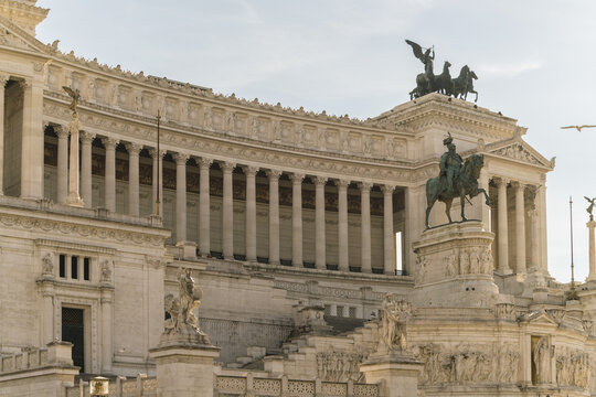 View of the imposing Vittorio Emanuele II Monument, a neoclassical marvel with sculptures, colonnades, and equestrian statues, Rome, Lazio, Italy.