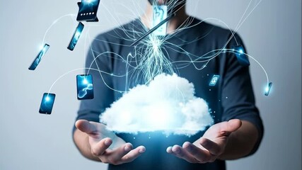 Man holding glowing cloud surrounded by floating smartphones connected by energy beams. Sequence illustrating cloud computing integration with mobile devices. Digital wireless data transfer and