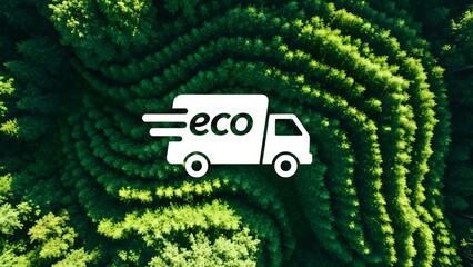 Eco friendly delivery and green logistics service. Sustainable transport and environmental care. White truck icon with eco text over a lush green forest