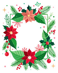 Naklejka premium Vibrant Christmas wreath with red poinsettias and green leaves on black