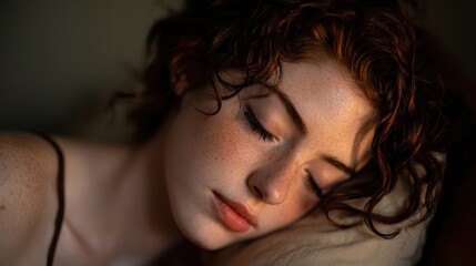 Serene Slumber: A captivating portrait of a woman in peaceful repose, her closed eyes and delicate features evoking a sense of tranquility. The warm lighting casts a soft glow on her skin.