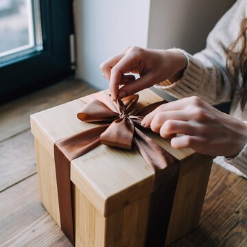 primer plano de manos manejando un lazo para abrir una caja de regalo