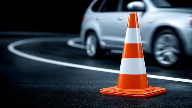 A traffic cone is in the foreground on a wet road at night, with a car approaching in the background.