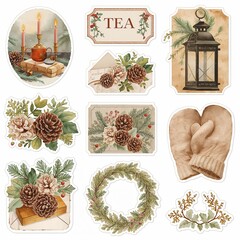 Collection of vintage winter holiday stickers featuring pine cones mittens candles and tea label