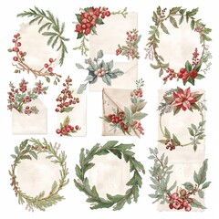 Vintage botanical collage with winter berries evergreen wreaths and aged paper ephemera elements
