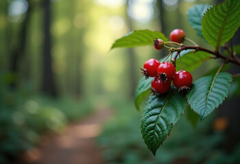 Forest in the background,free space for text on the side, berry in close-up