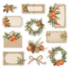 Vintage Christmas sticker set featuring festive wreaths blank labels oranges pinecones and bows