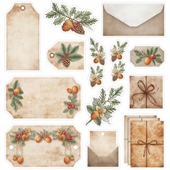 Assortment of vintage parchment labels tags envelopes and winter botanical elements