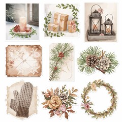 Watercolor winter holiday stickers featuring candles lanterns gifts knit mittens pine cones and floral arrangements