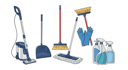 Comprehensive set of house cleaning supplies and tools including a vacuum, mop, broom, dustpan, gloves, and spray bottles on a clean white background.