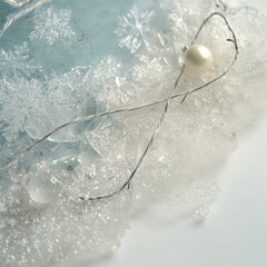 Close up of icy crystals with snowflake imprints featuring a pearl and clear bead on thin silver wire