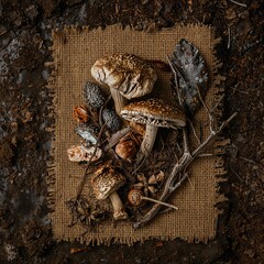 Grouping of wild spotted mushrooms dried leaves nuts and snail shells on burlap
