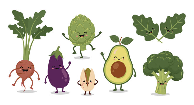 Collection of cute and happy cartoon vegetables with smiling faces including a beet, eggplant, artichoke, avocado, and broccoli for healthy eating.