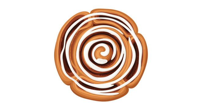 Top down view of a single cinnamon roll with white icing swirls isolated on a clean white background for food design.