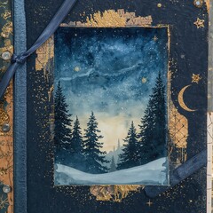 Watercolor night scene featuring snow covered evergreens under a brilliant starry sky within a decorated frame