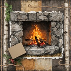 Cozy stone fireplace with roaring fire surrounded by birch wood rope and holiday greenery