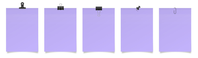Set of large paper notes with binder clips, bulldog clip, paper clip and push pin. Light purple sheets of paper. Black holders