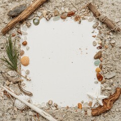 Blank white square border surrounded by sand beach stones driftwood shells and pine needles