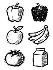 Raw, artistic charcoal doodles of grocery items including fruit and dairy, expressive hand-drawn sketch set of everyday food icons