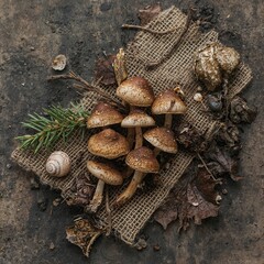 Cluster of brown capped wild mushrooms arranged on burlap with natural forest elements