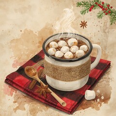 Steaming enamel mug filled with hot chocolate and marshmallows sits on a plaid napkin