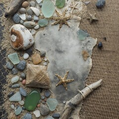 Beachcombing treasures sea glass pebbles shells driftwood and starfish on sand background