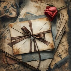 Stack of aged tied envelopes with a single red rose rests on vintage papers with musical notes
