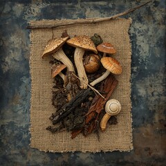 Assortment of spotted wild mushrooms dry bark pieces and a snail shell on burlap