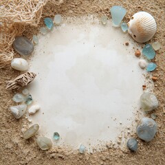 Beach treasures framing central copy space with sand sea glass stones seashell and netting