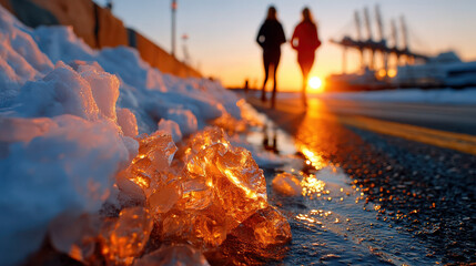 Snow piles glowing under golden sunset light on a street near industrial port area
