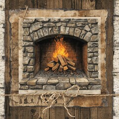 Rustic stone fireplace with burning wood logs surrounded by layered textured wood and twine bow