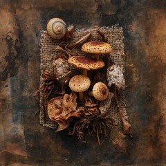 Still life arrangement featuring spotted mushrooms a snail shell and dried botanical elements on burlap