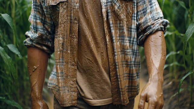 A person covered in mud walks through a field of green plants, wearing a plaid shirt.