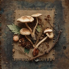 Assortment of wild mushrooms leaves dried nuts and a snail shell on burlap