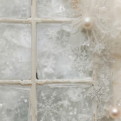 Close up of frosty white window panes decorated with clear plastic snowflakes and pearl ornaments