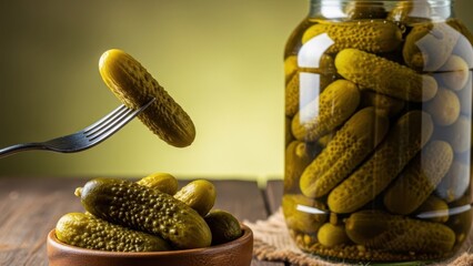 Pickle Delight: A vibrant display of a single pickle impaled on a fork, alongside a jar brimming with the preserved delights.