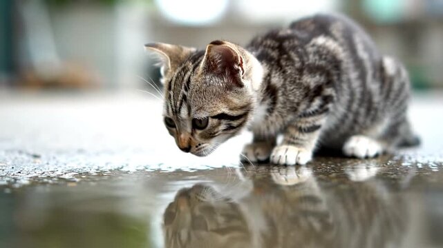A curious tabby kitten peers into a puddle with its reflection visible on a wet surface in a blurry outdoor setting.