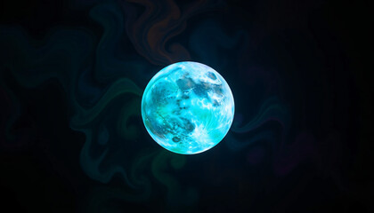 A glowing full moon illuminates the dark night sky as it floats among ethereal clouds within the vast blue lunar universe