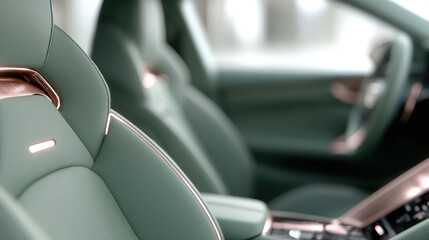Modern car interior with focus on elegant green leather seats and ambient lighting