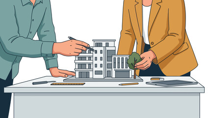 Detailed architectural model discussion between professionals with business attire and drafting tools on a planning table with realistic building