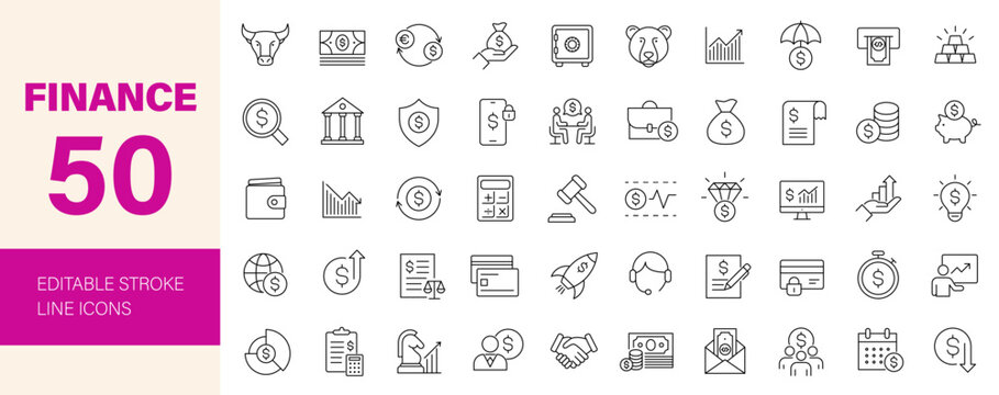 Finance icon set. Editable line icons. Vector illustration.