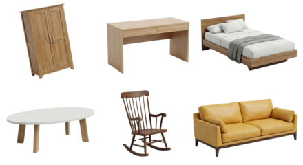Set of modern wooden furniture including wardrobe bed table chair and sofa isolated on transparent