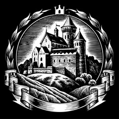 Vintage medieval castle emblem in woodcut style. Heraldic crest with fortress and ribbon banner. Retro monochrome coat of arms with castle illustration.