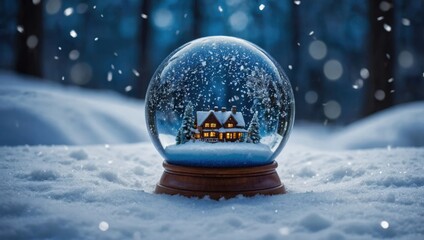 Cozy winter cabin inside magical snow globe. Glowing house snow globe in snowy forest at night. Christmas snow globe with warm lit cottage and falling snow.