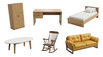 Set of minimal wooden furniture pieces including wardrobe desk bed and seating isolated