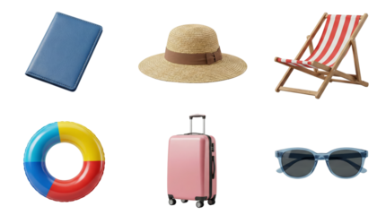 Collection of summer travel accessories including luggage hat sunglasses and beach float isolated