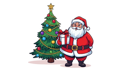 Santa Claus holding a gift next to a decorated Christmas tree, representing holiday cheer and gift-giving during winter celebrations