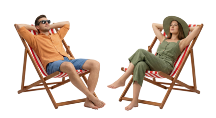 relaxing summer day outdoor scene with young man and woman lounging on colorful deck chairs