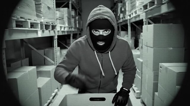 Masked thief caught stealing in a warehouse on security camera footage. Aggressive burglar points threateningly at the camera. Crime and surveillance concept
